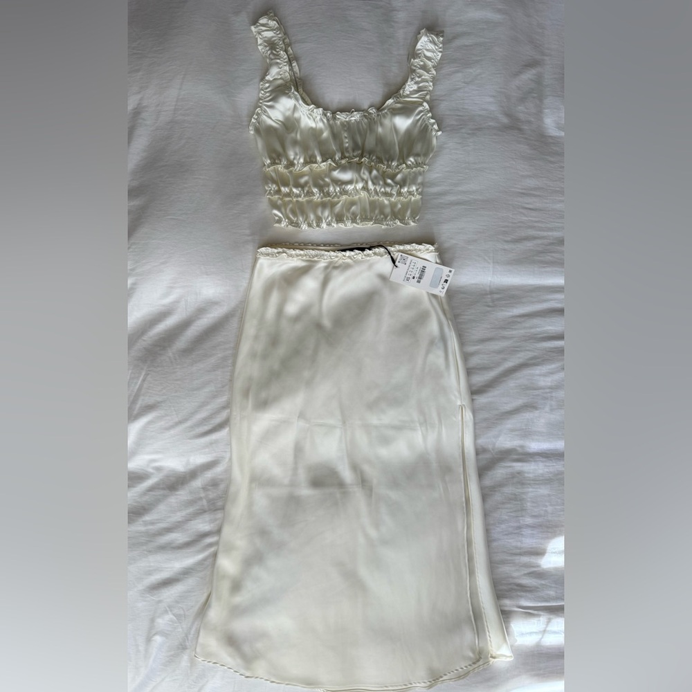 Zara Cream Satin Skirt and Top Set